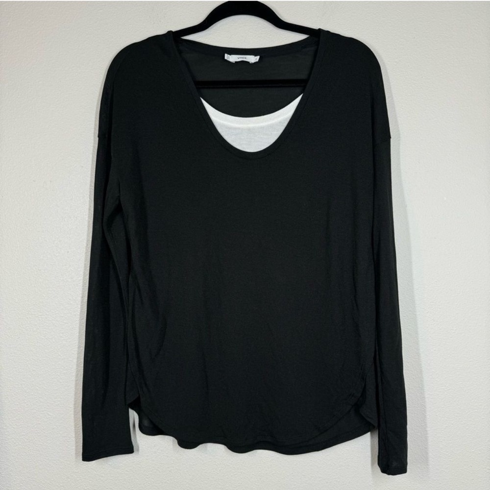 Vince Two Tone Long Sleeve Knit Top Black White Layered Look Women’s Size M